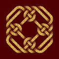 Golden glittering logo template in Celtic knots style on dark red background. Tribal symbol in cruciform rhombus maze form